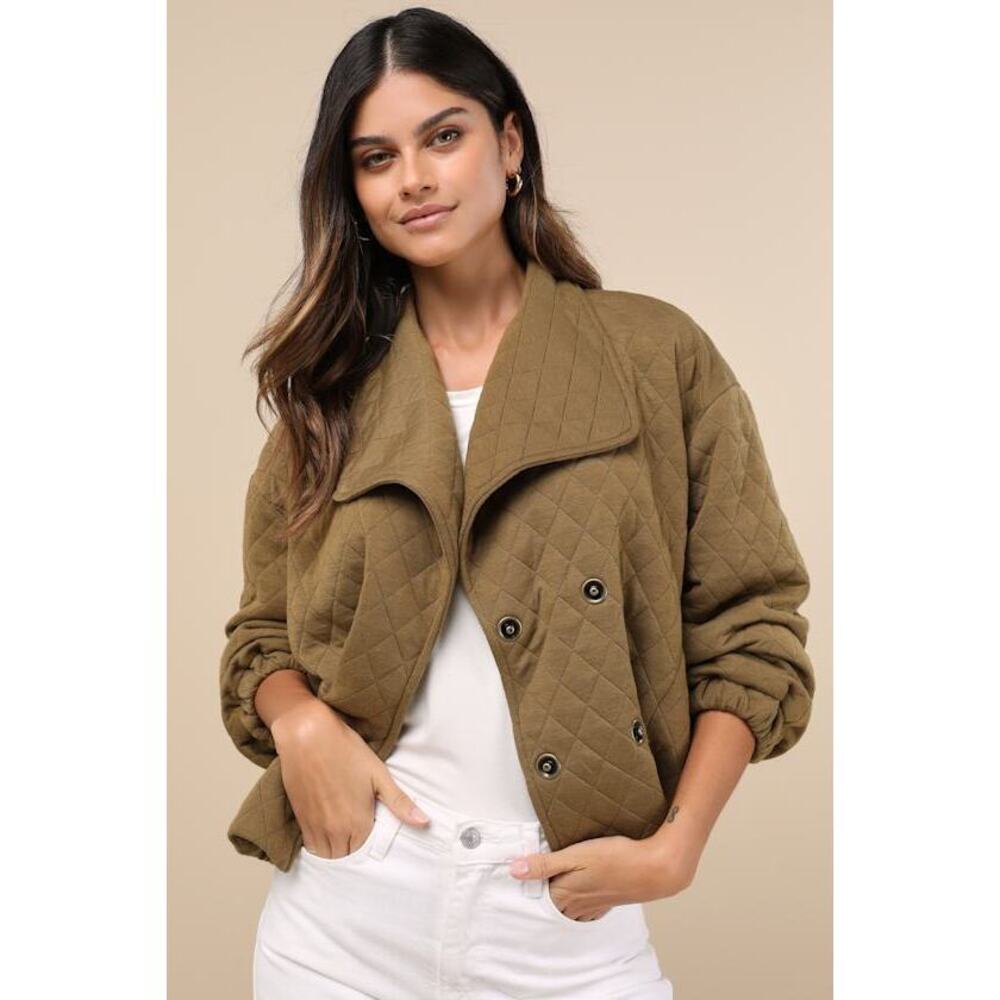 Lulus Layered Charisma Olive Green Collared Quilted Jacket - Size L